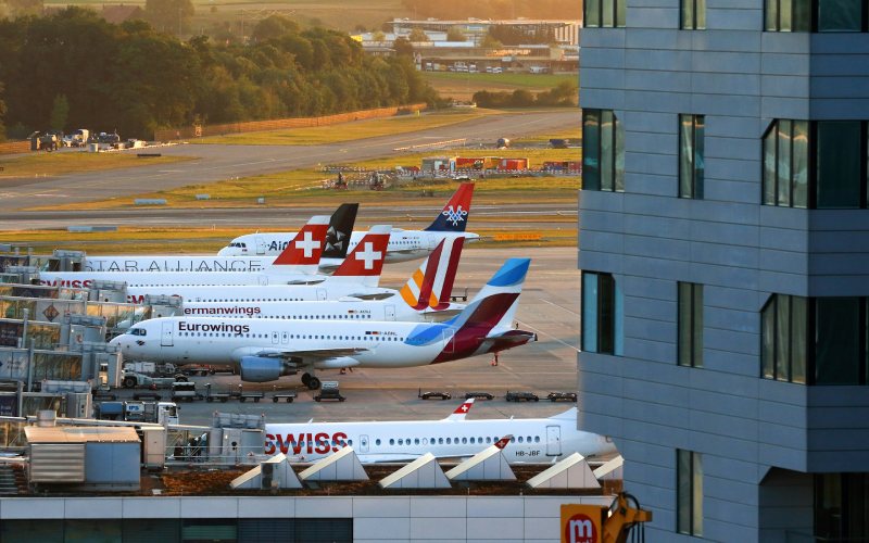 Airliner planes standing at Switzerland airport.