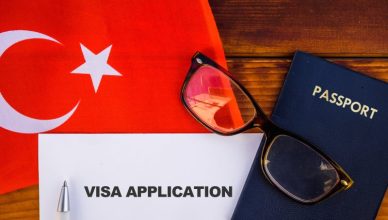 Flag of Turkey, visa application form and passport on a table.